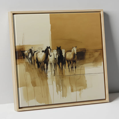 Sepia Herd Advancing wild horses canvas wall art in natural frame