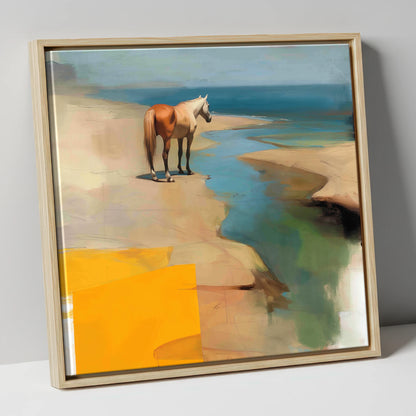 Golden Shoreline Solitude horse landscape canvas wall art in natural frame