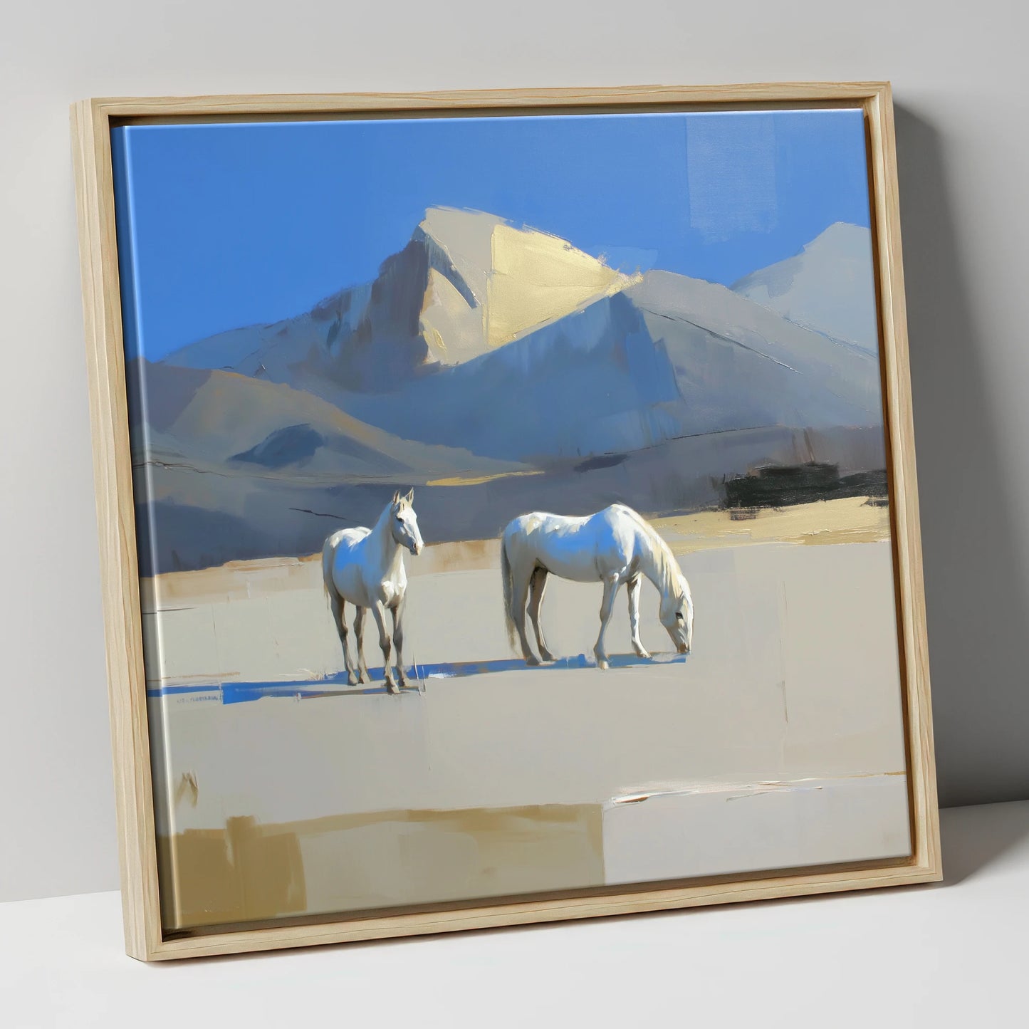 Golden Peak Greys horse landscape canvas wall art in natural frame