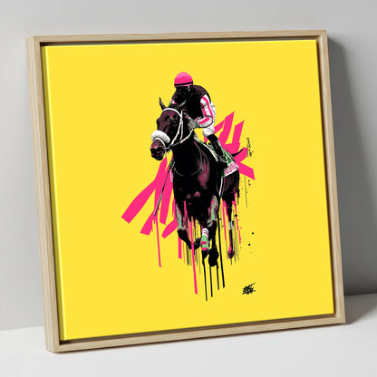 Neon Gallop racing horse canvas wall art in natural frame