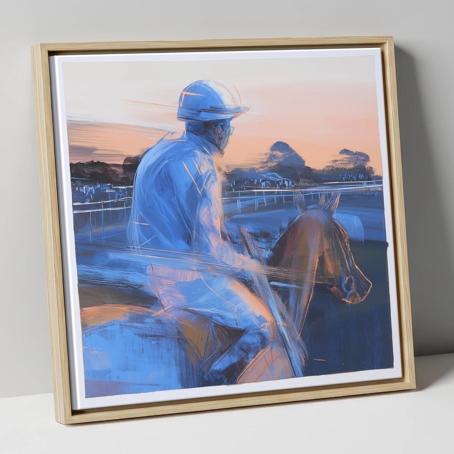 Dawn on the Gallops racing horse canvas wall art in natural frame