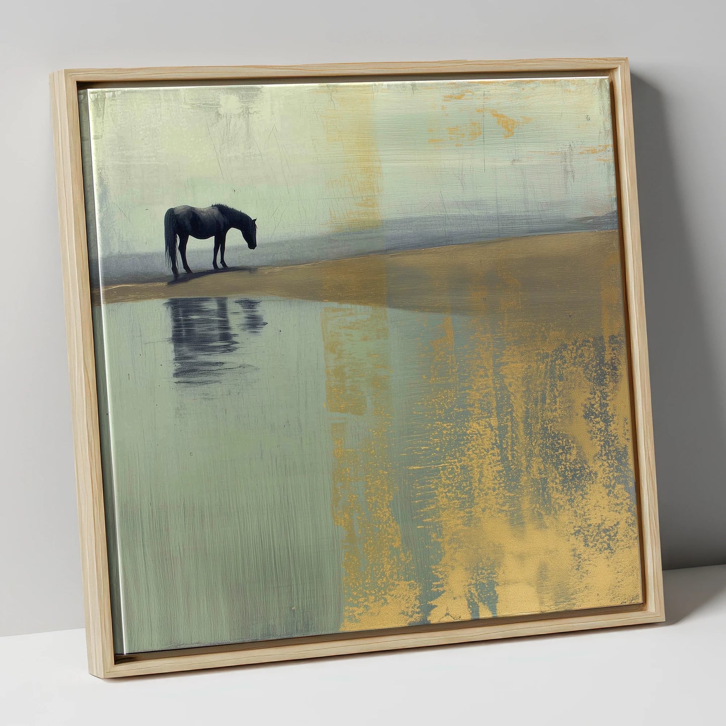Gilded Solitude horse landscape canvas wall art in natural frame