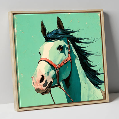 Windswept in Teal horse breed canvas wall art in natural frame