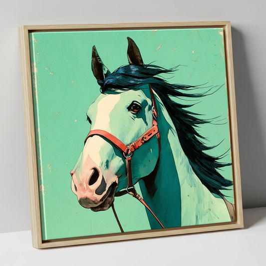 Windswept in Teal horse breed canvas wall art in natural frame