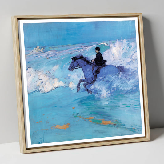 The Azure Tide beach horse canvas wall art in natural frame