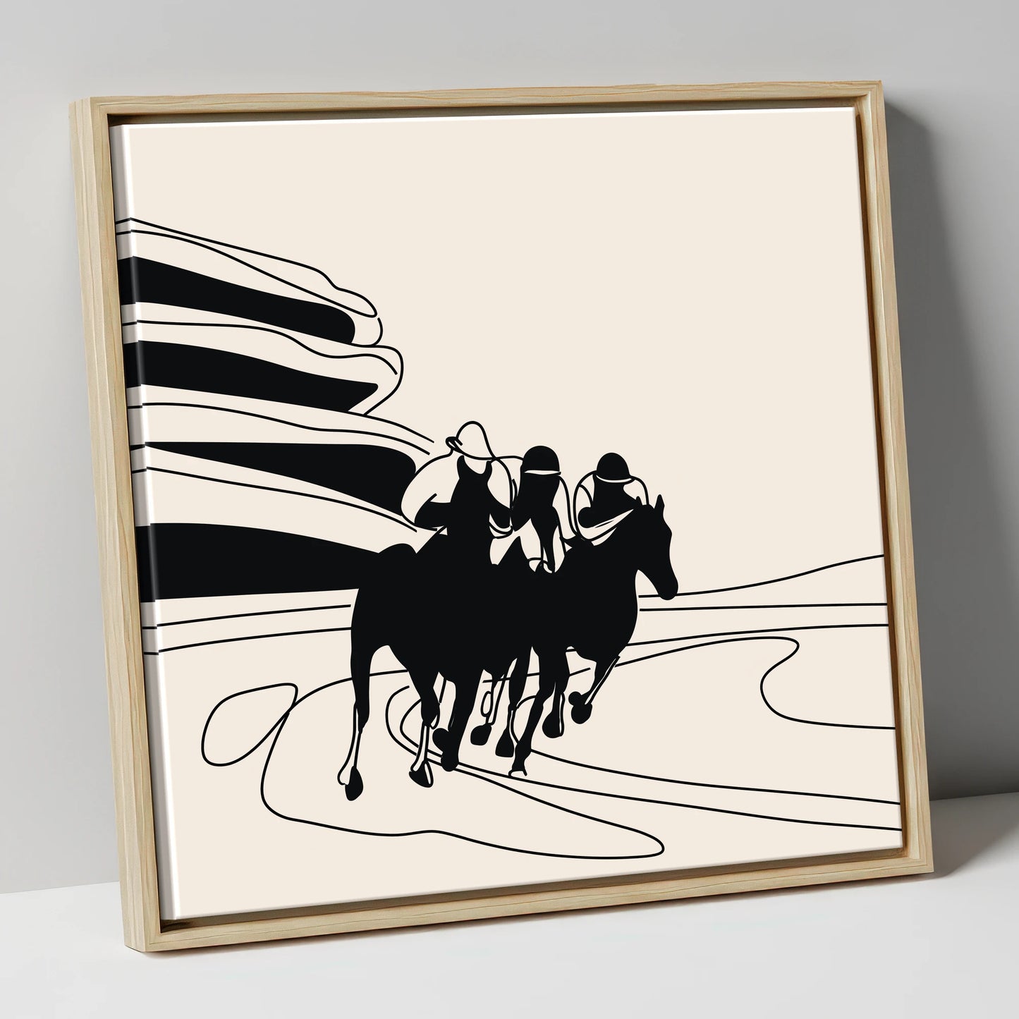 Rounding the Bend racing horse canvas wall art in natural frame