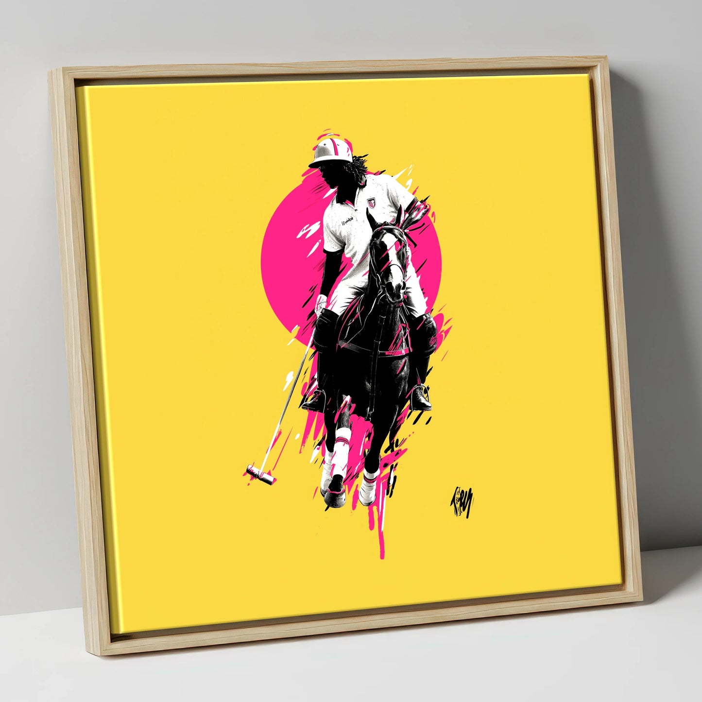 The Vibrant Chukka polo horse canvas wall art in natural frame