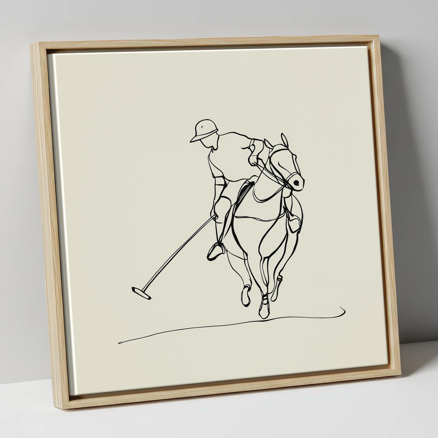 The Elegant Chukka polo horse canvas wall art in natural frame