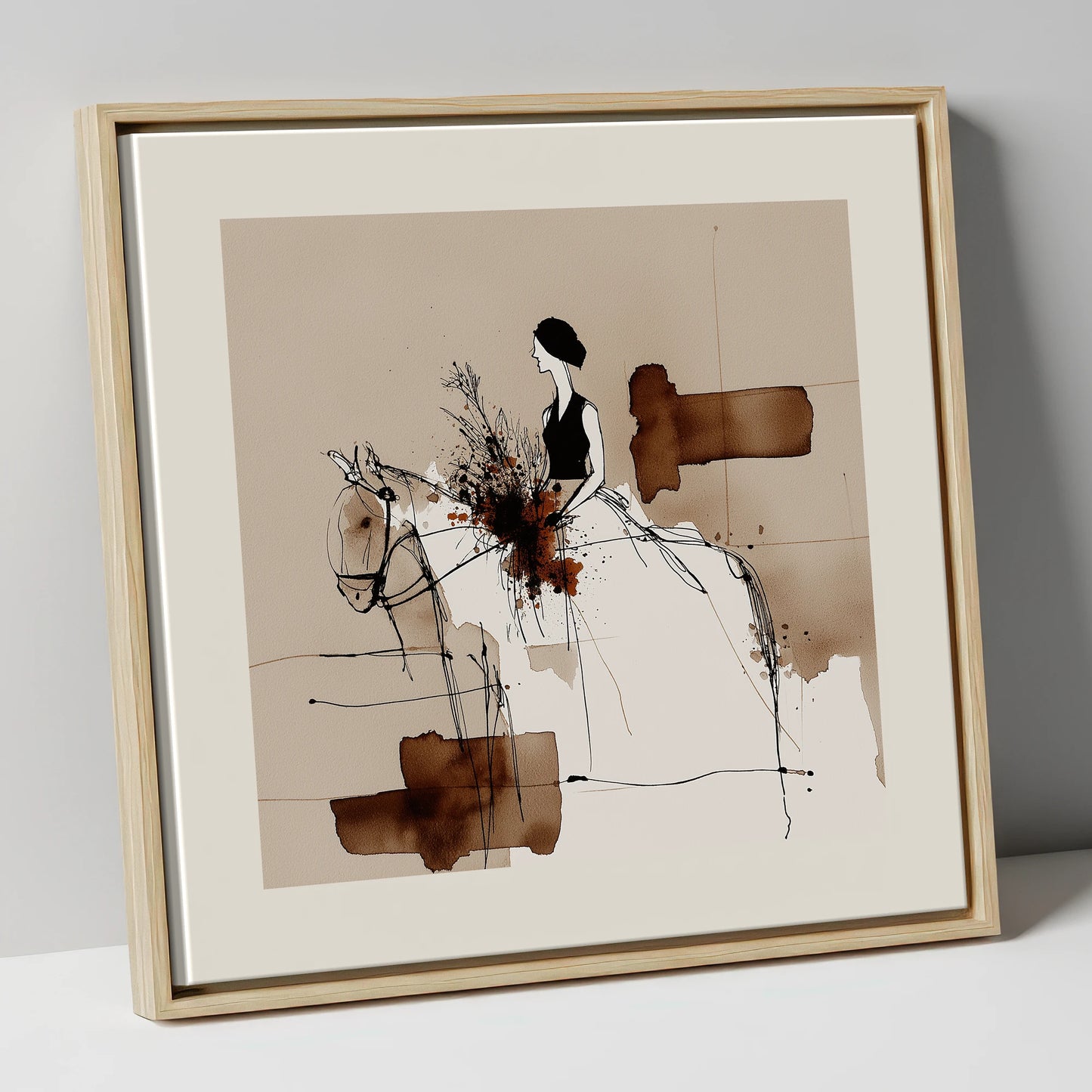 Graceful Partnership horse & rider canvas wall art in natural frame