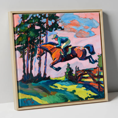 Vibrant Cross Country Leap show jumping horse canvas wall art in natural frame
