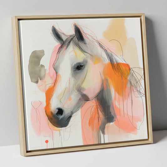 Vibrant Sunset Grey horse portrait canvas wall art in natural frame