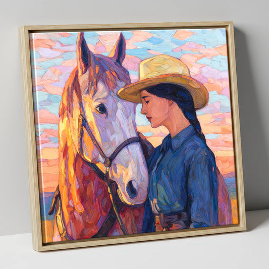 The Sundown Bond horse & rider canvas wall art in natural frame