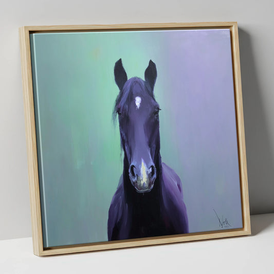 The Violet Gaze horse portrait canvas wall art in natural frame