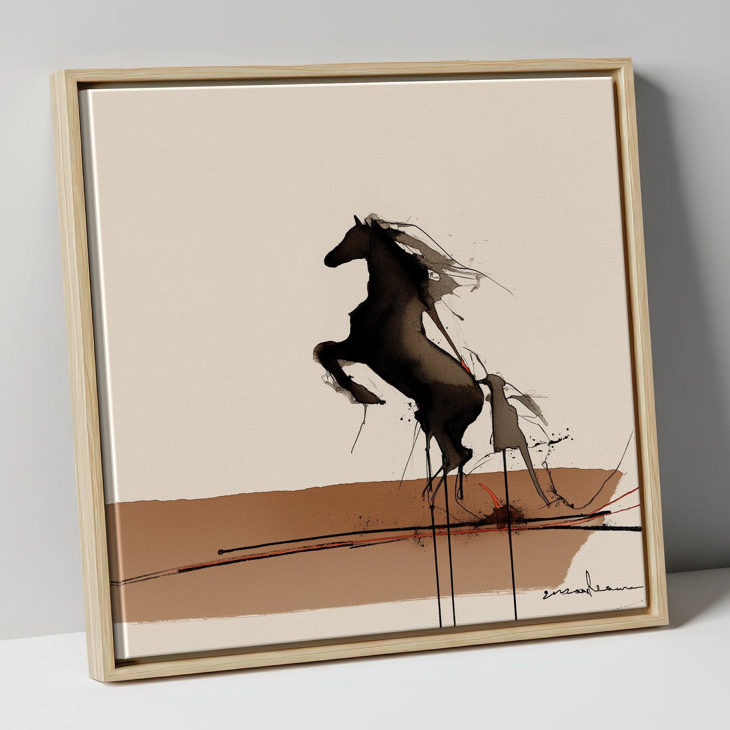Untamed Dark Silhouette wild horses canvas wall art in natural frame
