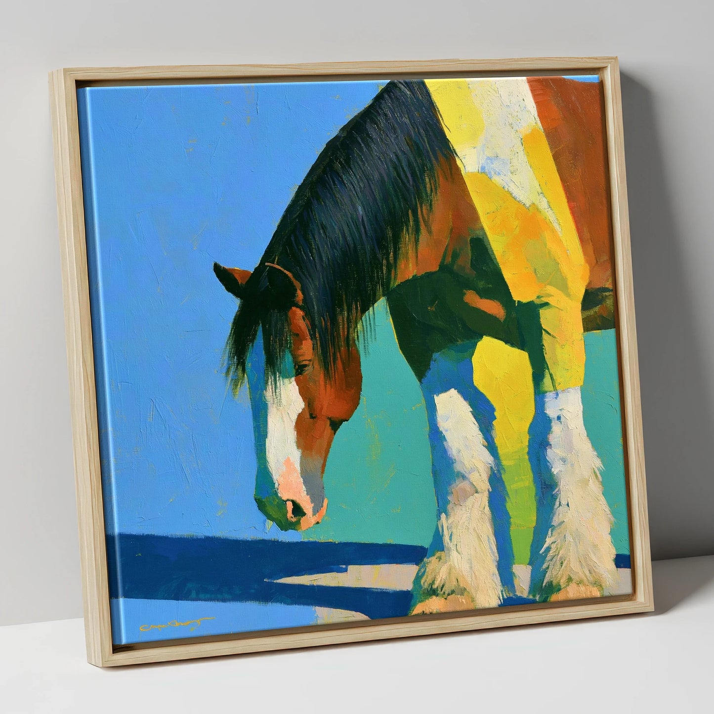Clydesdale Horse Against Blue Sky horse breed canvas wall art in natural frame