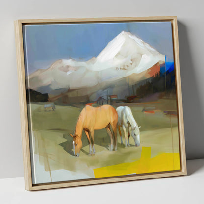 Grazing Beneath the Peaks horse landscape canvas wall art in natural frame