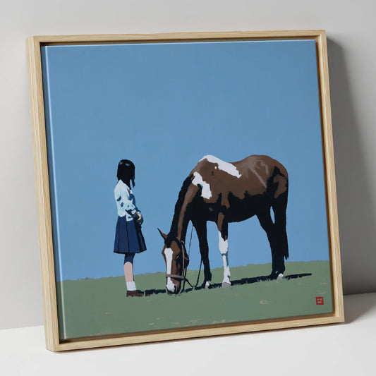 Silent Companionship horse & rider canvas wall art in natural frame