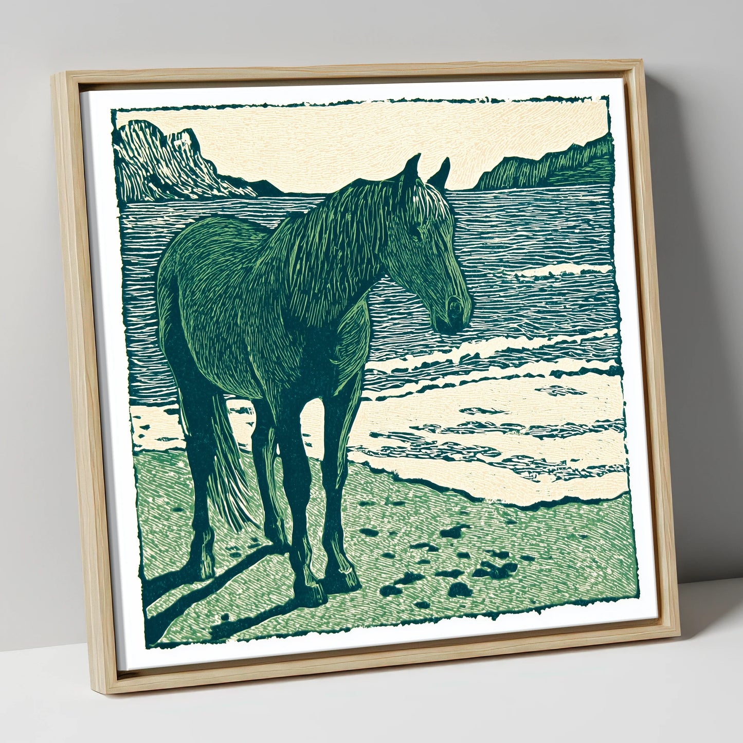 Shoreline Solitude horse landscape canvas wall art in natural frame