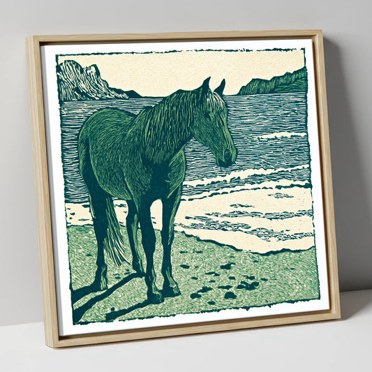 Shoreline Solitude horse landscape canvas wall art in natural frame