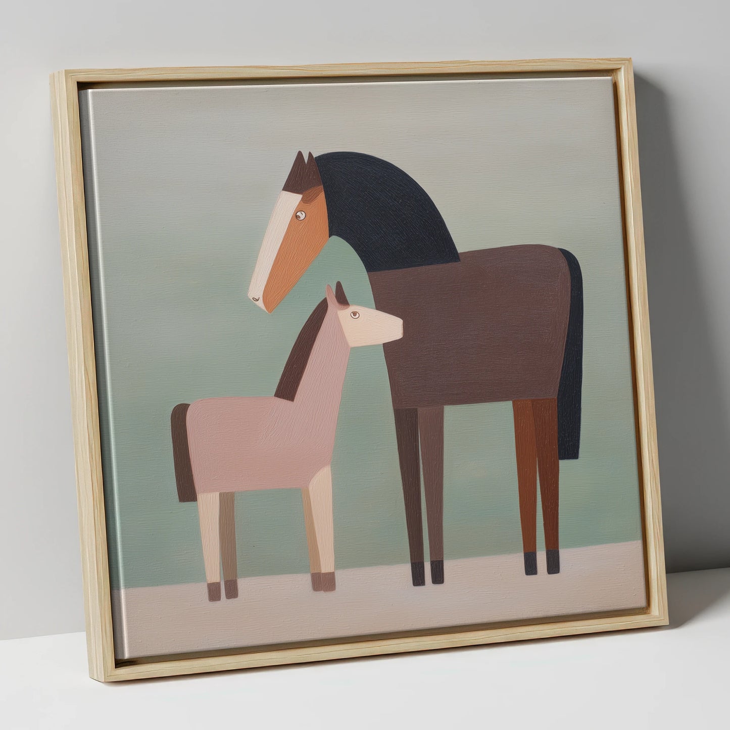 Quiet Companions mare & foal canvas wall art in natural frame