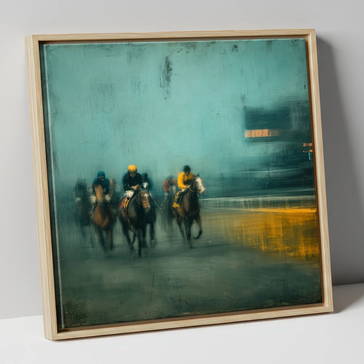 Thundering Through The Mist racing horse canvas wall art in natural frame
