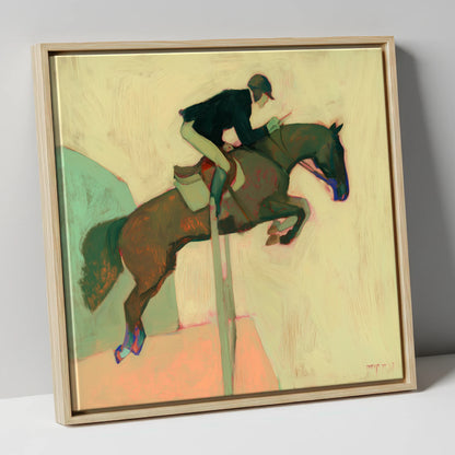 Suspended in Flight show jumping horse canvas wall art in natural frame