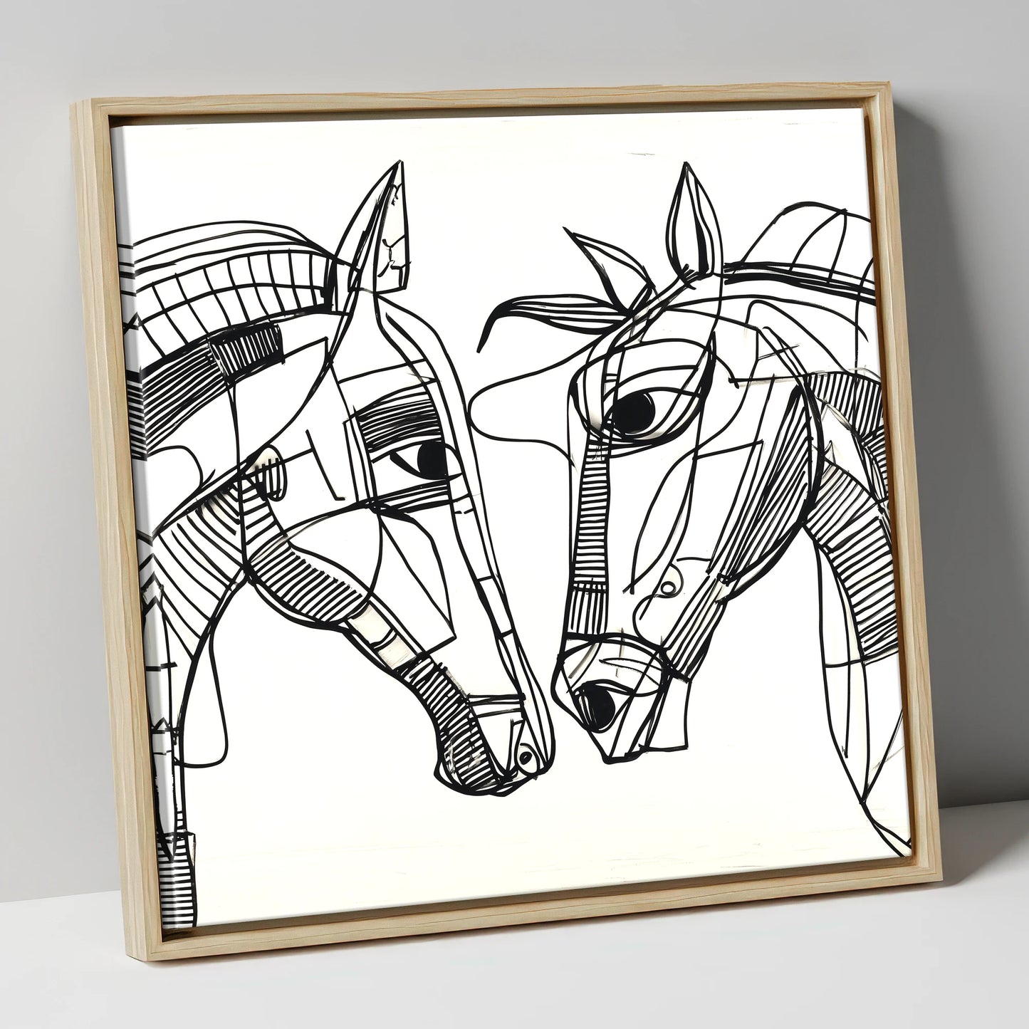 Linear Equine Connection horse portrait canvas wall art in natural frame