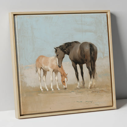 The Quiet Bond mare & foal canvas wall art in natural frame