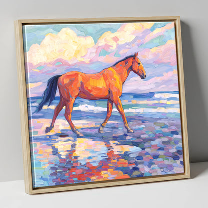 Vibrant Coastal Stroll horse landscape canvas wall art in natural frame