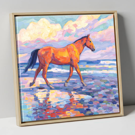 Vibrant Coastal Stroll horse landscape canvas wall art in natural frame