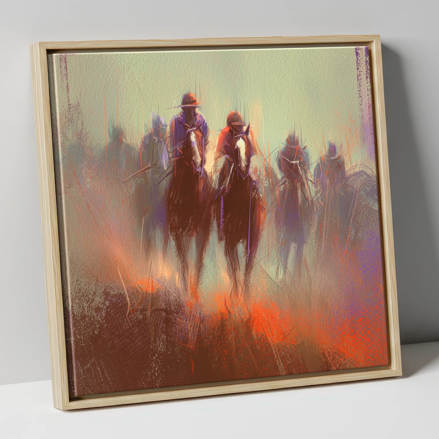 The Dawn Gallop racing horse canvas wall art in natural frame