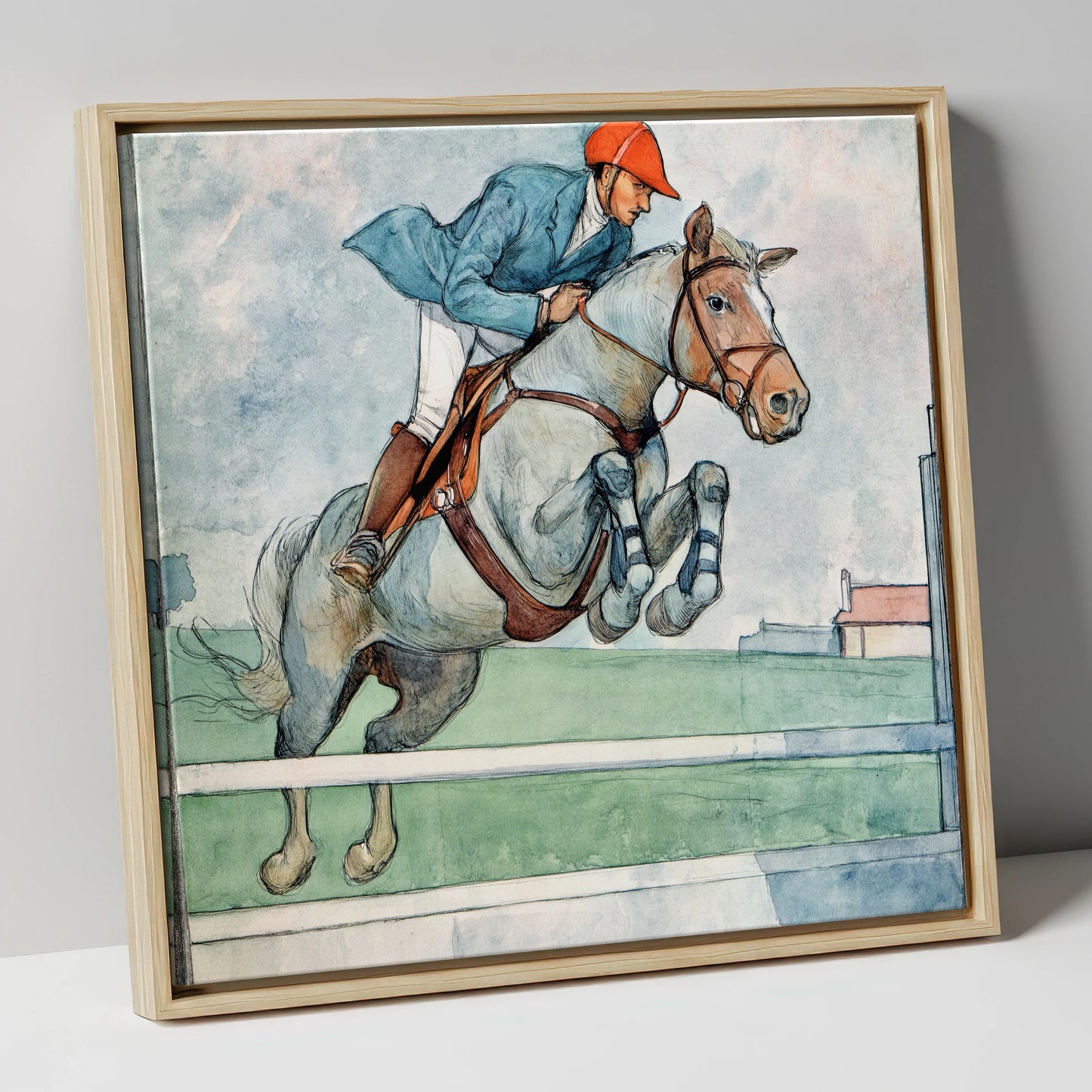 Clearing the White Rail show jumping horse canvas wall art in natural frame