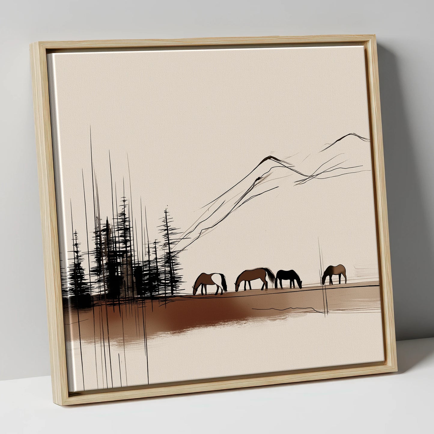 Grazing Beneath the Pines horse landscape canvas wall art in natural frame