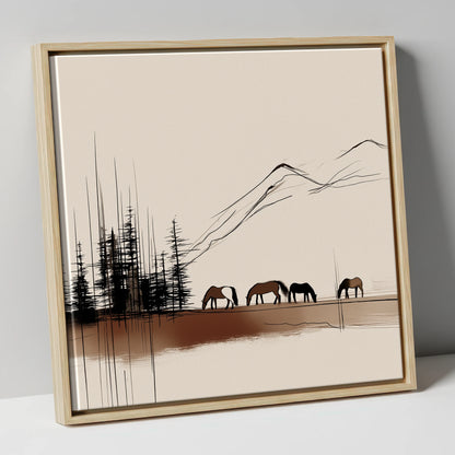 Grazing Beneath the Pines horse landscape canvas wall art in natural frame