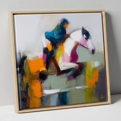 Vivid Flight show jumping horse canvas wall art in natural frame