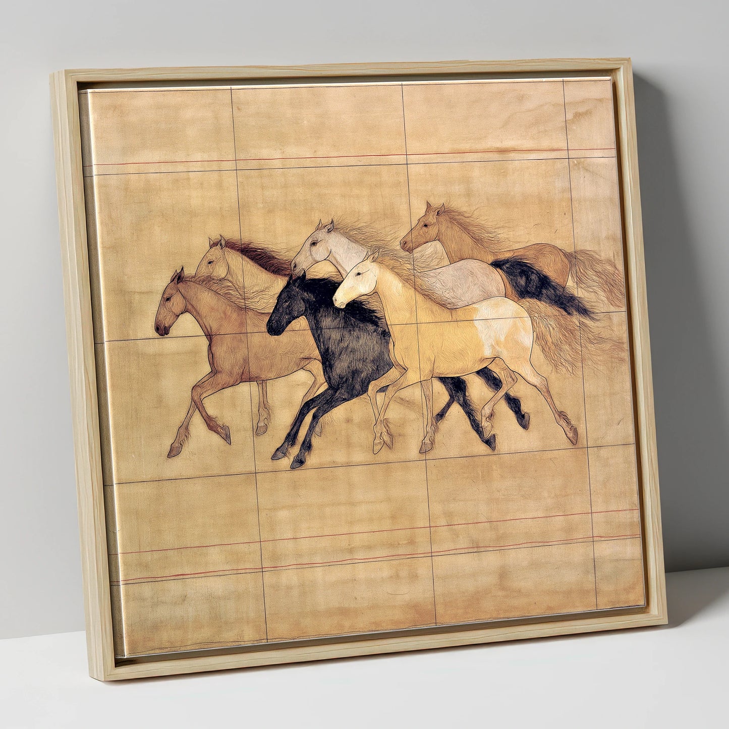 Classical Herd Study wild horses canvas wall art in natural frame