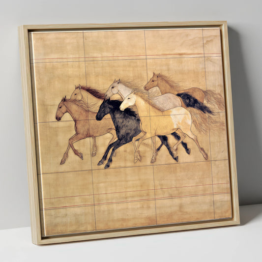 Classical Herd Study wild horses canvas wall art in natural frame