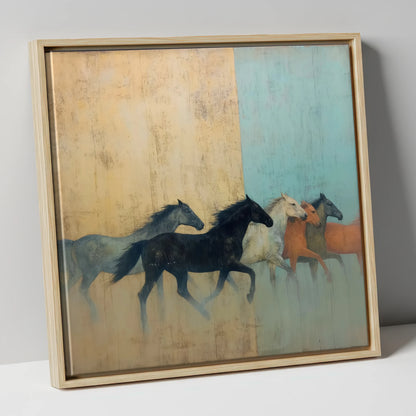 Ethereal Ochre Herd wild horses canvas wall art in natural frame