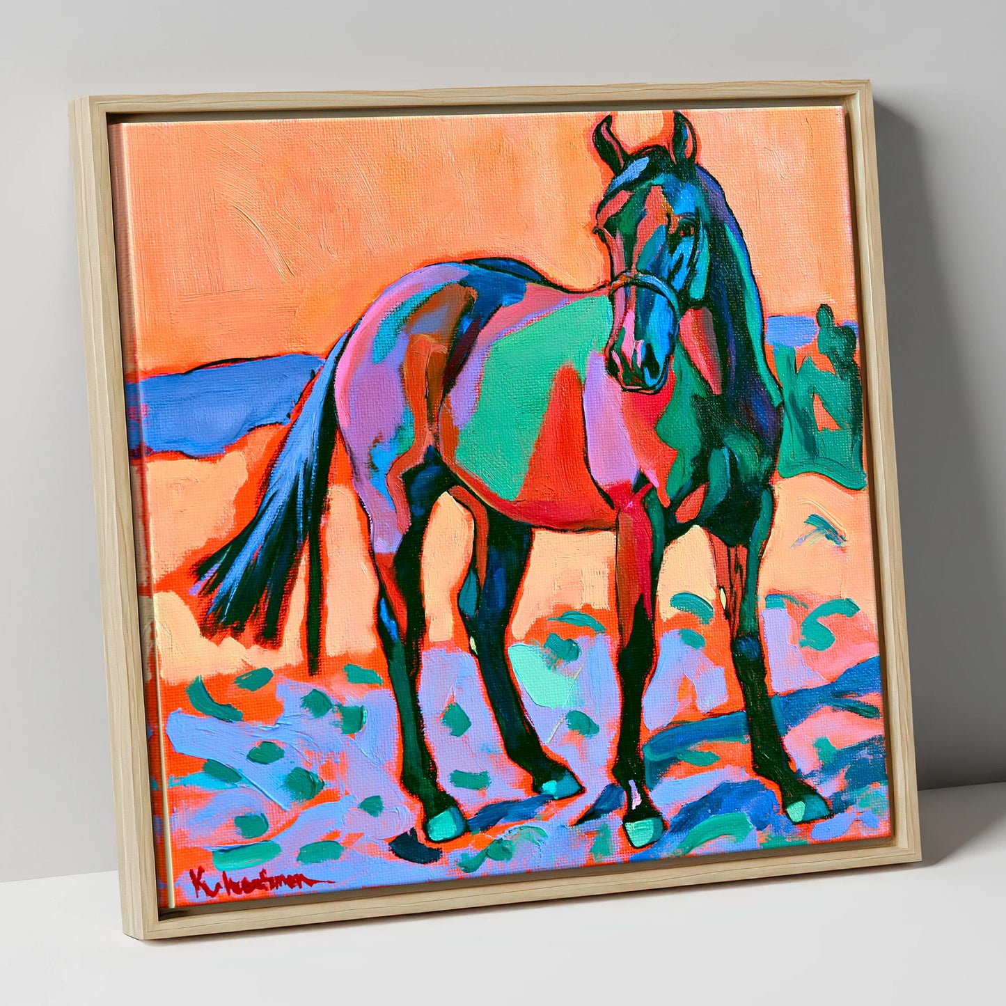 Vivid Turquoise And Purple Horse horse breed canvas wall art in natural frame