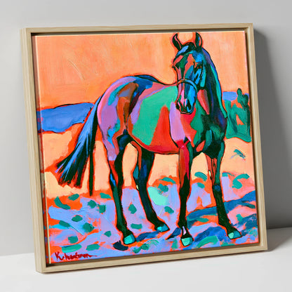 Vivid Turquoise And Purple Horse horse breed canvas wall art in natural frame