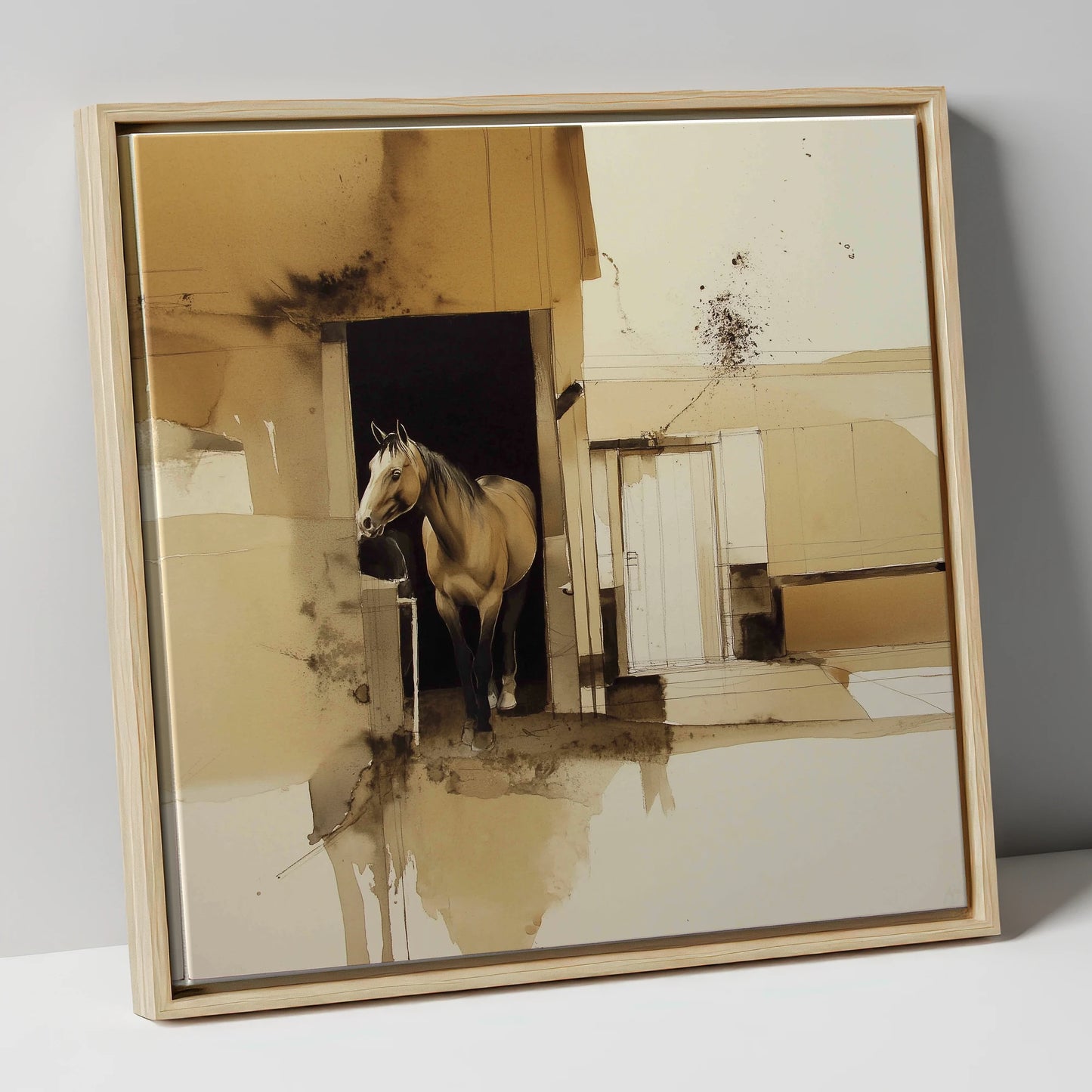 Sepia Stable Threshold horse stable canvas wall art in natural frame