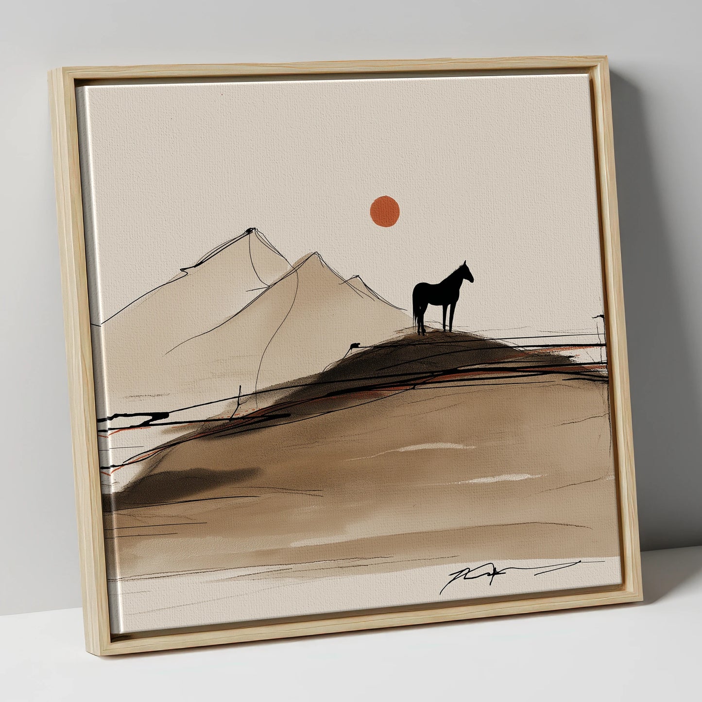 Sepia Ridge Silhouette horse landscape canvas wall art in natural frame