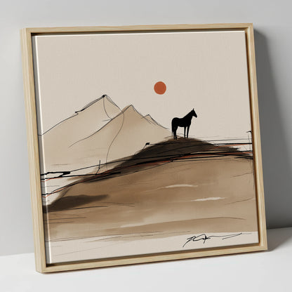 Sepia Ridge Silhouette horse landscape canvas wall art in natural frame