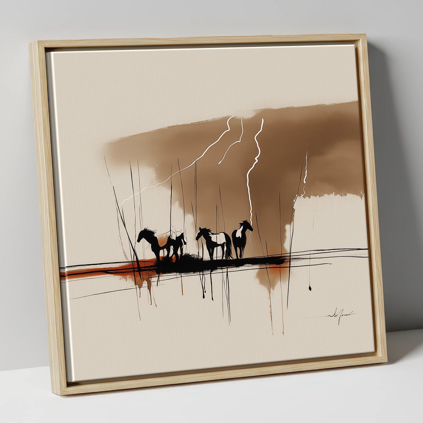 Thunder Over the Plains wild horses canvas wall art in natural frame