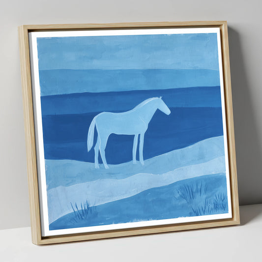 Cerulean Serenity horse landscape canvas wall art in natural frame