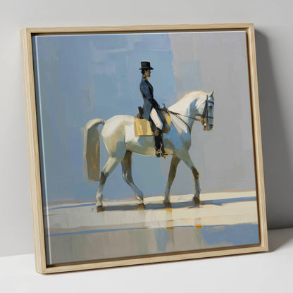 Collected Grace in Blue dressage horse canvas wall art in natural frame