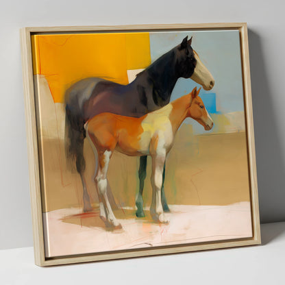 Sunlit Painted Foal mare & foal canvas wall art in natural frame