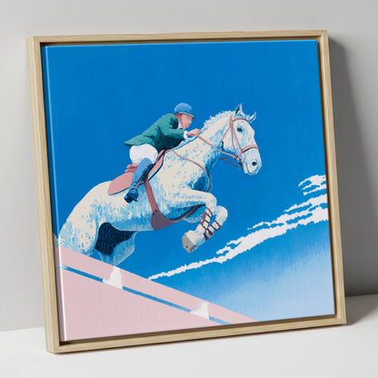Airborne Over Blue show jumping horse canvas wall art in natural frame