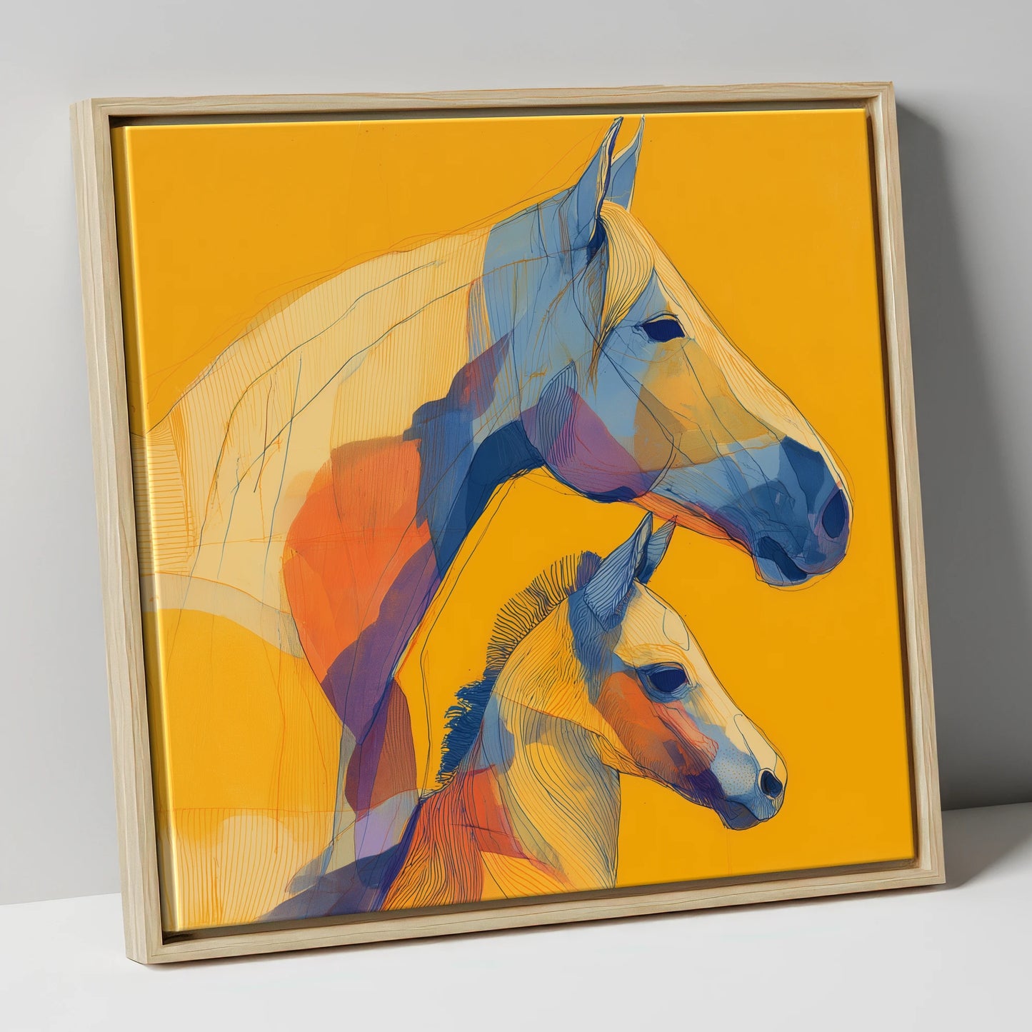 Golden Lineage mare & foal canvas wall art in natural frame
