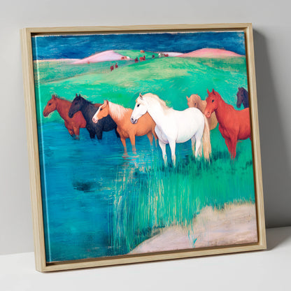 The Emerald Shallows wild horses canvas wall art in natural frame